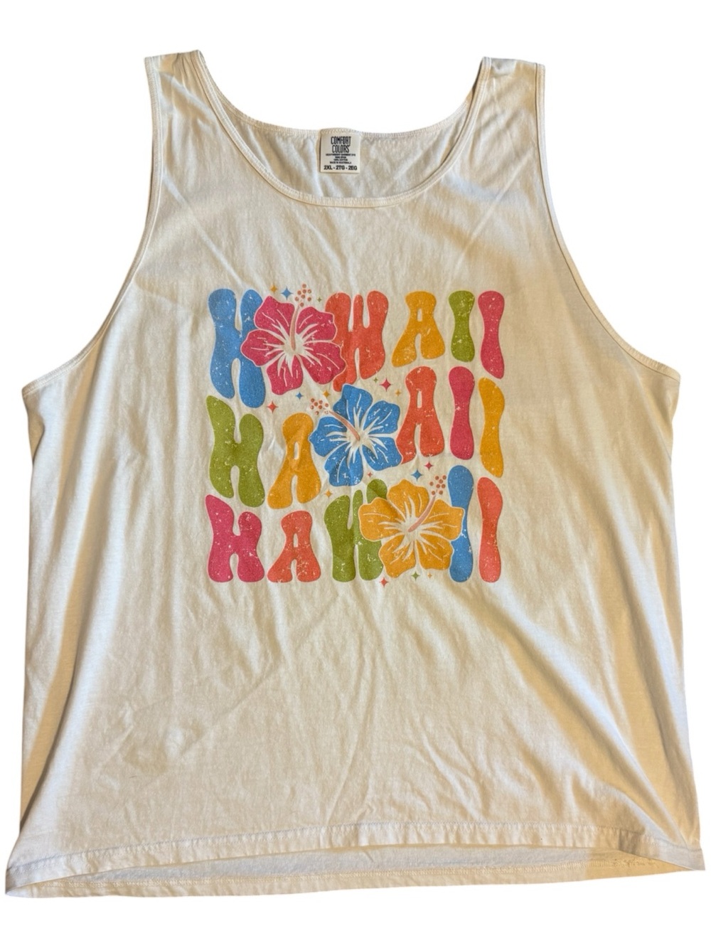 Comfort Colors White Kids Tank Top with Multicolor Hawaii Hibiscus Graphic